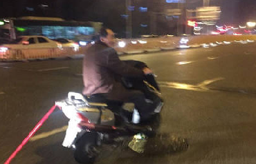男子骑电瓶车拖小猫疾行！