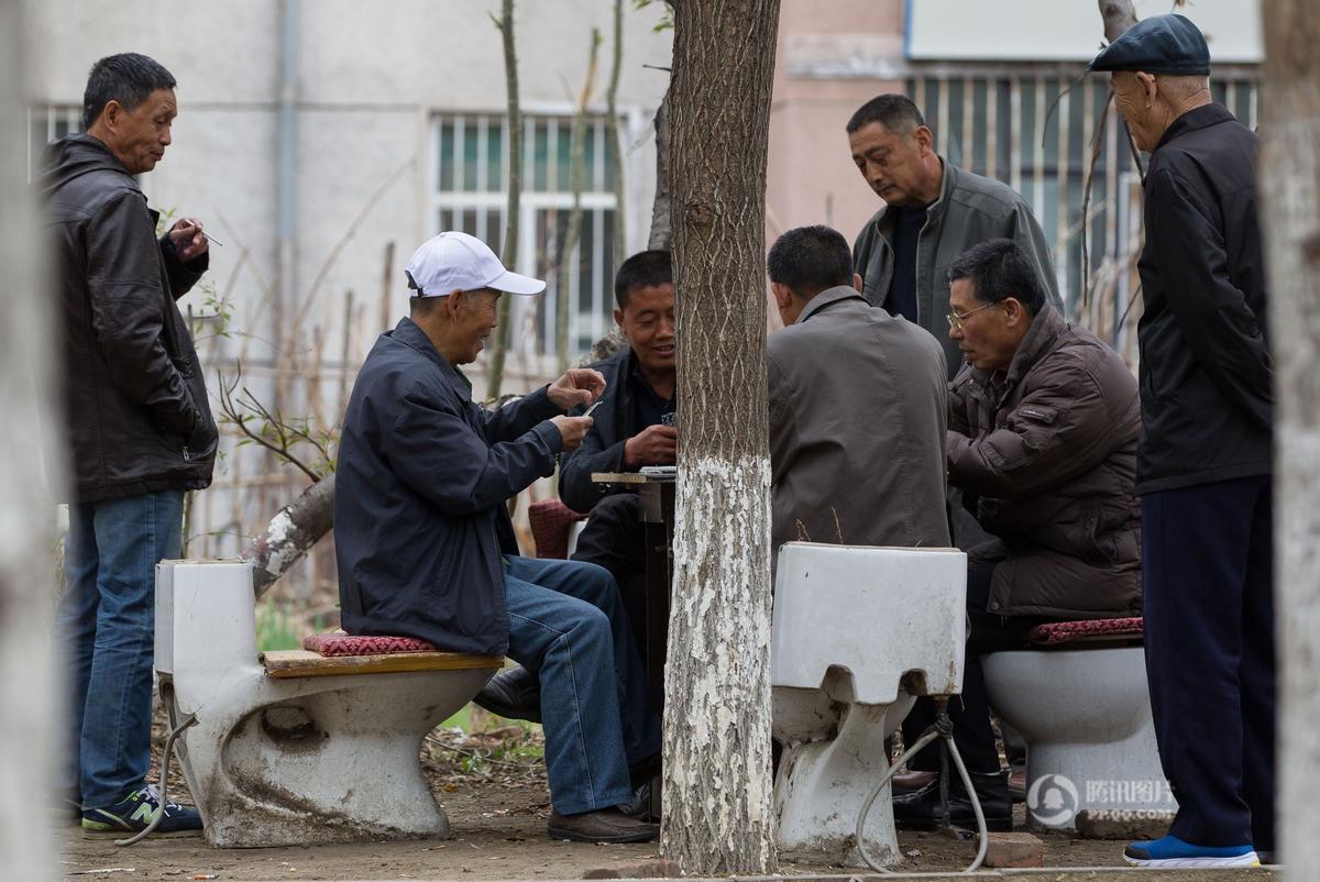 　　一棵大树下，几名老人正围坐在一张桌子周围打扑克，仔细看看，他们坐的也都是马桶。“可得好好表扬表扬老曹，他不但铺路、搭建了这些椅子，还把我们这附近都种上花，成了居民们休闲的地方。”一位居民大爷竖起大拇指。居民们口中的老曹今年64岁，就住在这片小树林附近。四年多前，他从别的地方捡来一些方砖，铺了这条几十米长的方砖路。路铺好了，无意间看到别人家装修不要的马桶，就产生了用马桶搭建座椅的想法。