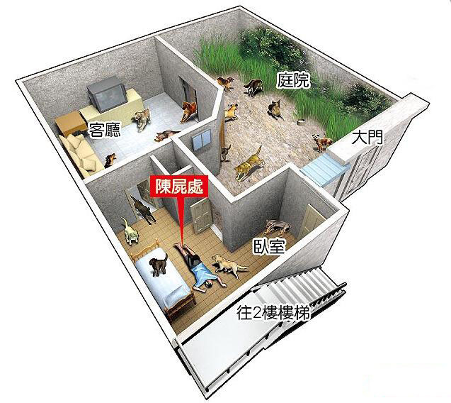 　　但这些狗看见鉴识人员要进屋，马上露出利牙低吼，动保人员只好拿出甩棍防止流浪狗近身，鉴识人员才终于可以进屋采证。警方在死者房内发现许多药袋，现场门窗并无遭到破坏，初步排除他杀。图为现场。