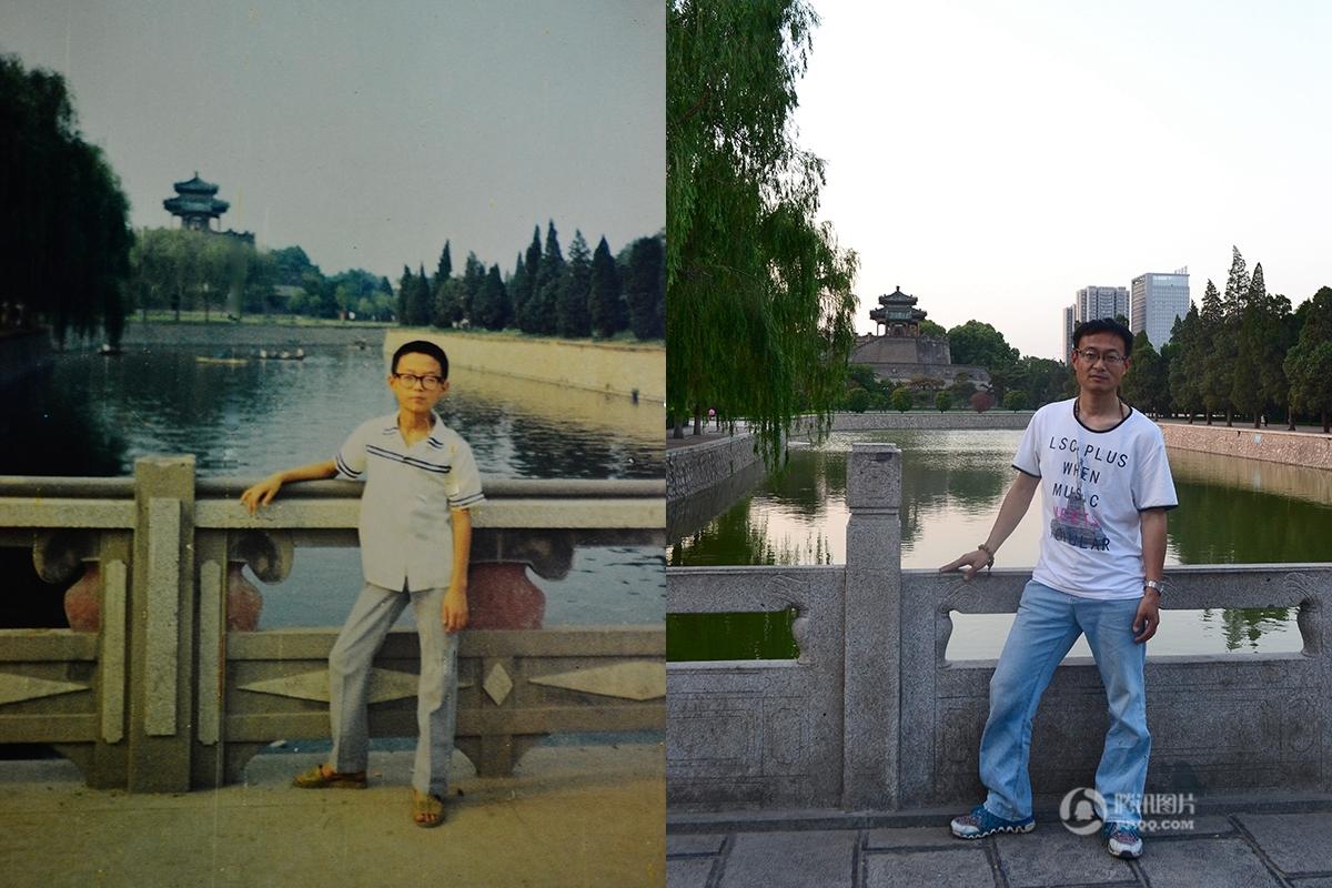 　　左图摄于1986年6月1号，六一儿童节。那年我十岁，上三年级。爸爸妈妈带我到我们邯郸市的丛台公园游玩，我背后始建于战国的武灵丛台是我们邯郸的地标古建筑。爸爸用家里的傻瓜相机给我拍下了这张照片，我当时穿的是学校的校服，脚上穿的是当时流行的塑料凉鞋。右图摄于2016年的丛台公园，当年的水泥栏杆已经换成了青石栏杆，当年是市内最高点的丛台早已被旁边新建的高楼超过。我已经四十岁了，人到中年喽，现在是自由职业者。对于现状既有满意的方面，也有觉得不如意的地方，顺其自然吧。小时候的梦想是成为一名天文学家去探索宇宙的奥秘，现在看来人家NASA干的挺好的我就别掺和了。