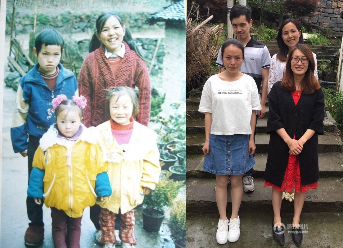　　照片摄于1998年老家院子的大门前，当时我还在读小学，两个还没入学的表妹过来，母亲很开心，给我们拍了张合照！当时弟弟想要吃苹果，母亲不同意，他就不配合拍照，后来勉强拉过来，留下了深刻的一幕！每每看到这张照片我就会不自觉地笑出声来！盯着弟弟的表情，有多么不开心的事情也会烟消云散！之后的近二十年，我们走入了各自的轨道：学习、工作让我们聚少离多。如今我三十二了，成了一名小学教师。除了我弟弟前面的幼师表妹，我们都已成家！当时幼稚任性的弟弟也当爸爸了。这张照片让我很有冲动想再拍一次！终于在今年，在表妹结婚日，我们都聚在了一起！摆好姿势……发现当时最高的我如今最矮了，默默地站上台阶，悄悄地在心里流下几行泪，对着镜头灿烂一笑。