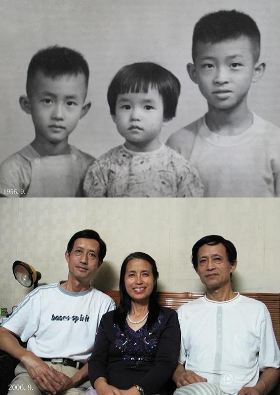 　　我们三兄妹各相差四岁，今年都是年过六十的老人了。儿时的合影是1956年在照相馆照的。年长的合影是2006年在家里照的。兄妹的排列刚好与五十年前吻合。现在又过了十年，我们又老了十岁。（网友 陈乃亮）