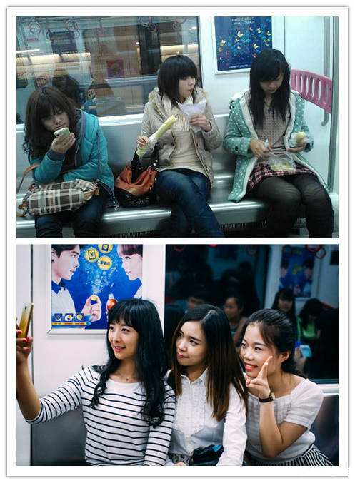 图为四年前后的地铁照。从图中可以看出，三个女孩不仅妆容打扮变化很大，连行为举止都完全变了样。