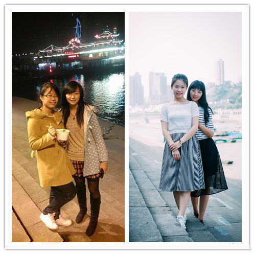 图为四年前后，两名闺蜜在重庆朝天门留影。