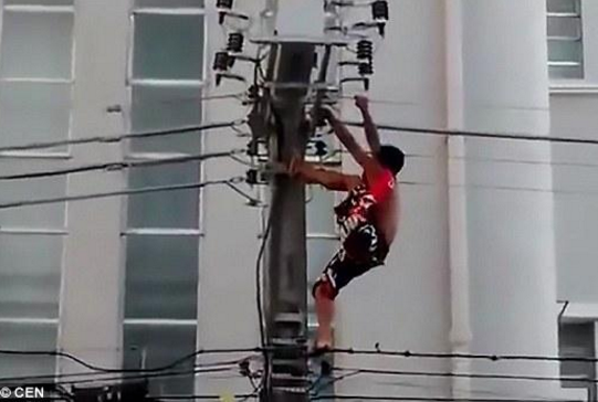 　　当时，这名男子身穿一条沙滩裤。随着围观演讲民众欢呼声越来越高，这名男子也在电线杆上越爬越快。到达高处后，他便在电线杆上挥舞旗帜。